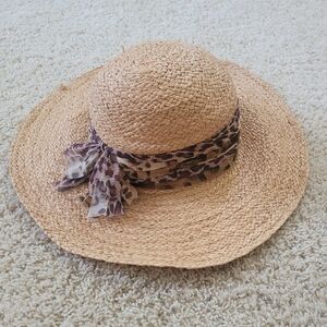 Cappelli Straworld Large Brim Floppy Summer Beach 100% Raffia Hat Leopard Bow